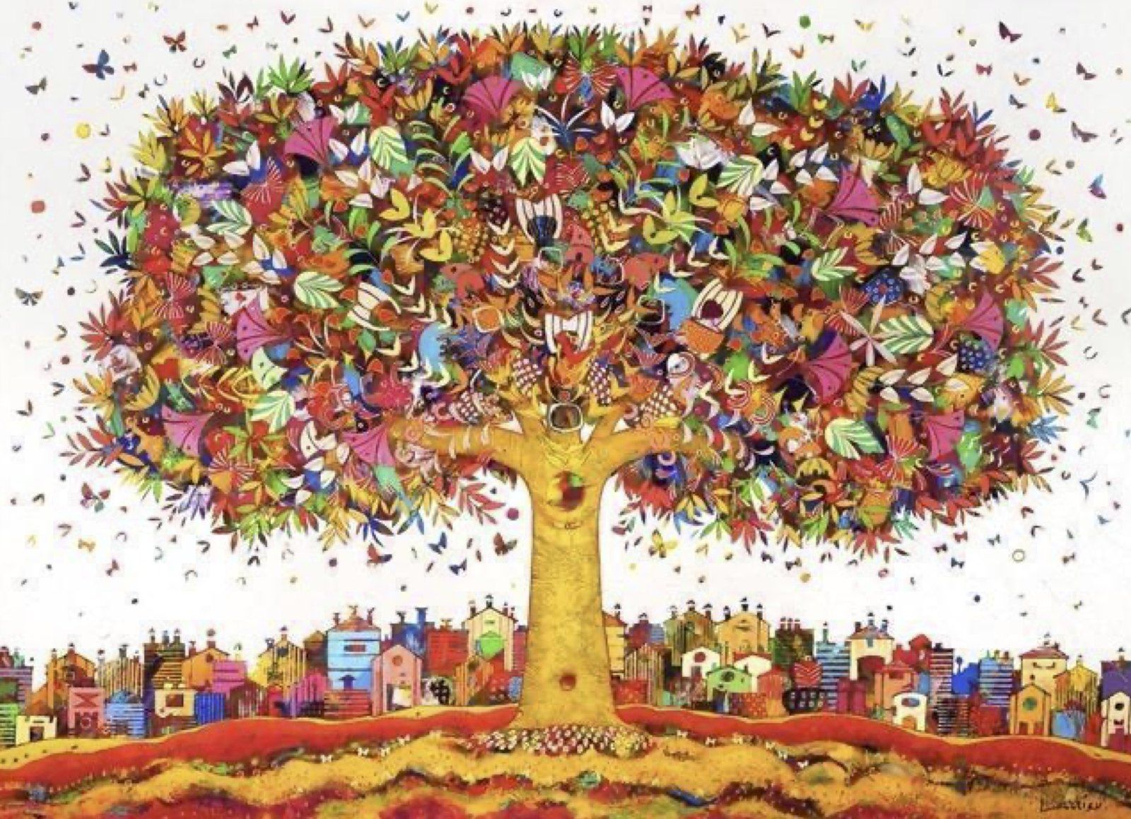 Arbre de vie au feuillage multicolore surplombant une ville de maisons colorées