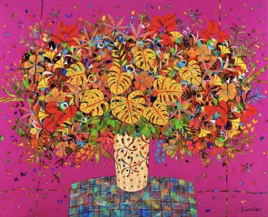 Bouquet de fleurs multicolores sur fond rose, peinture de Jean-François Larrieu