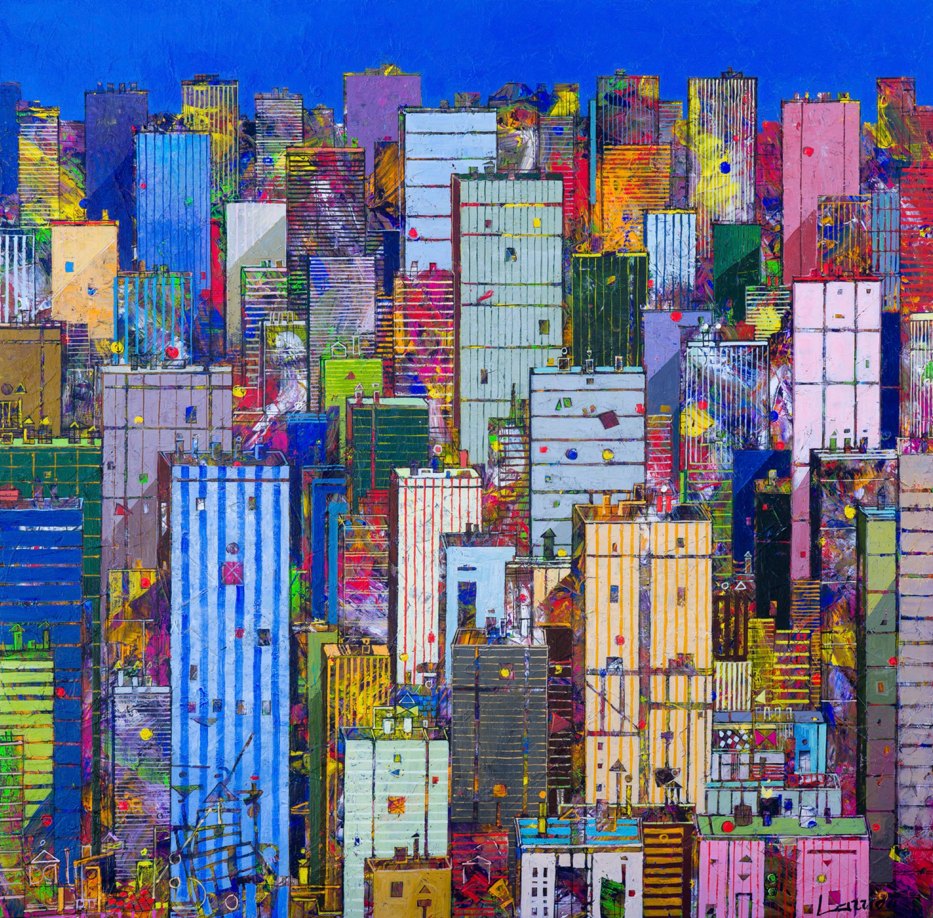 Gratte-ciel colorés serrés sous un ciel bleu, peinture de Jean-François Larrieu